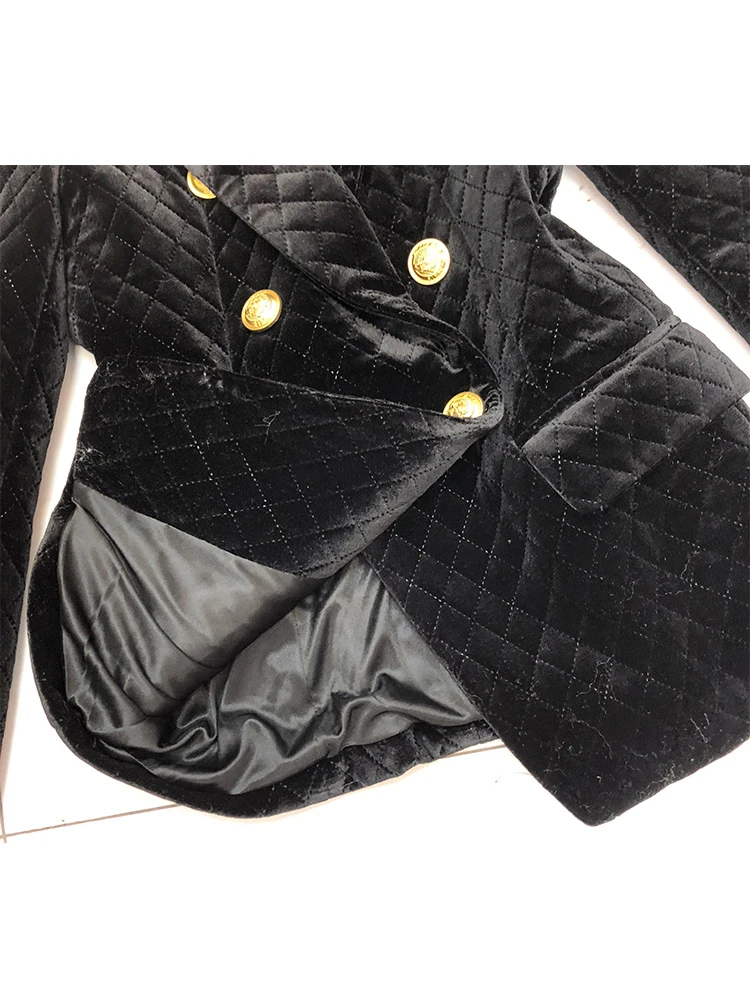 Черный двубортный бархатный пиджак в клетку со стразами стиле ретро