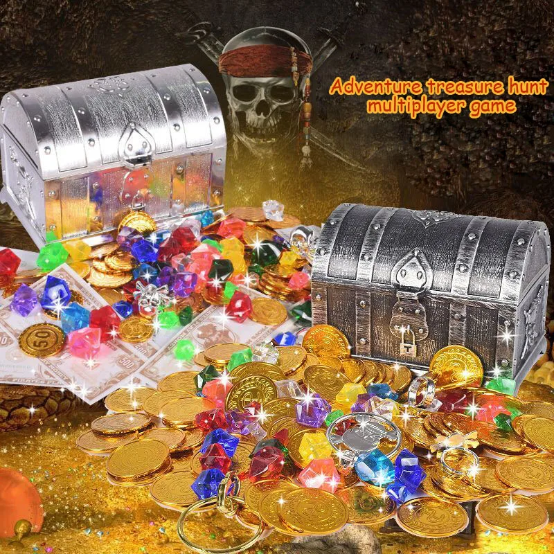 

TreasureChest Gold Coin Toys Children Gem Toy Play House Pirate Treasure Box Plastic Gold Treasure Coins Toys Box For Children