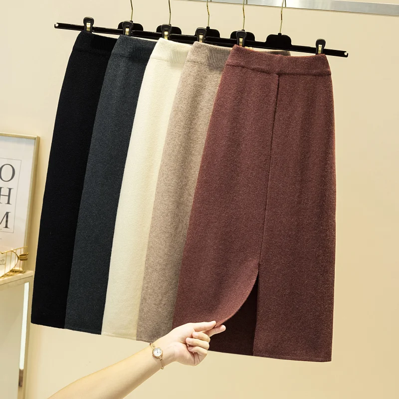 

Khaki Black Casual Long Thick Sweater Mid-calf Skirt Women 2022 Autumn Winter High Waist Split Back Warm Knitted Skirts Female