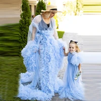 pure light sky blue mom me tulle dresses long sleeves sheer photo shoot tulle dressing gowns for mother and daughter dress