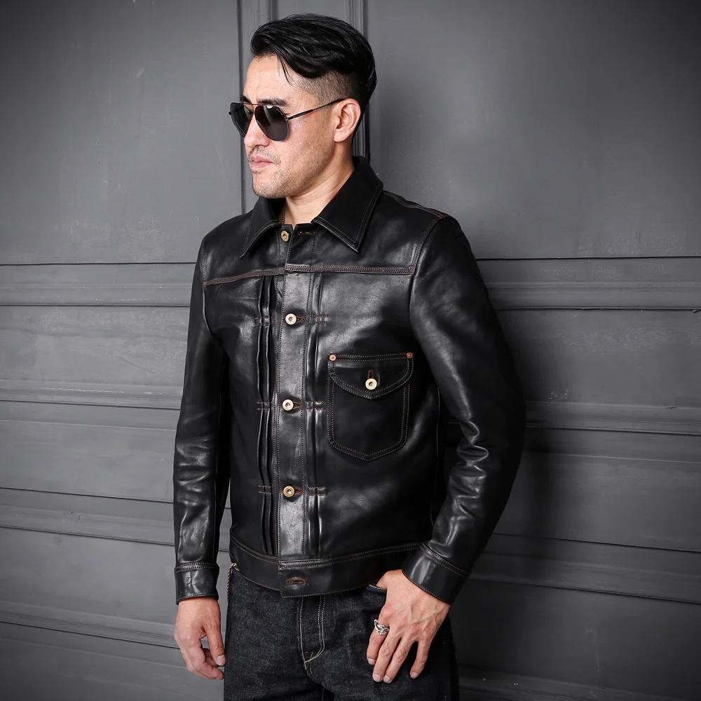 

2023 Japan Black Casual Style Genuine Leather Jacket Men Large Size 3XL Single Breasted Real Natural Horsehide Spring Coat