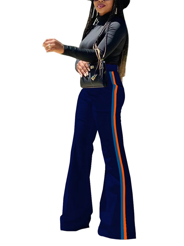 

Autumn new fashion solid color stripe printed casual pants loose high waist elastic belt women's wide leg pants