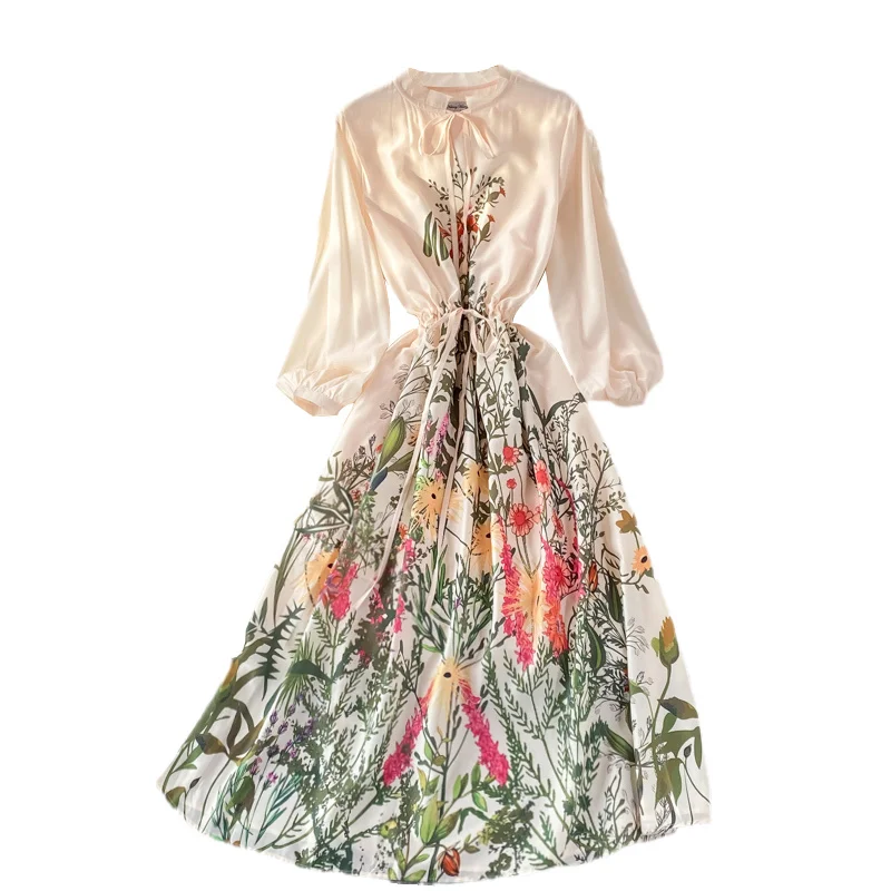 

Women Elegant Vintage Party Dress Ladies Autumn Celebrity New Printed Dresses Girl Chic Close Waist Large Swing Long Dress