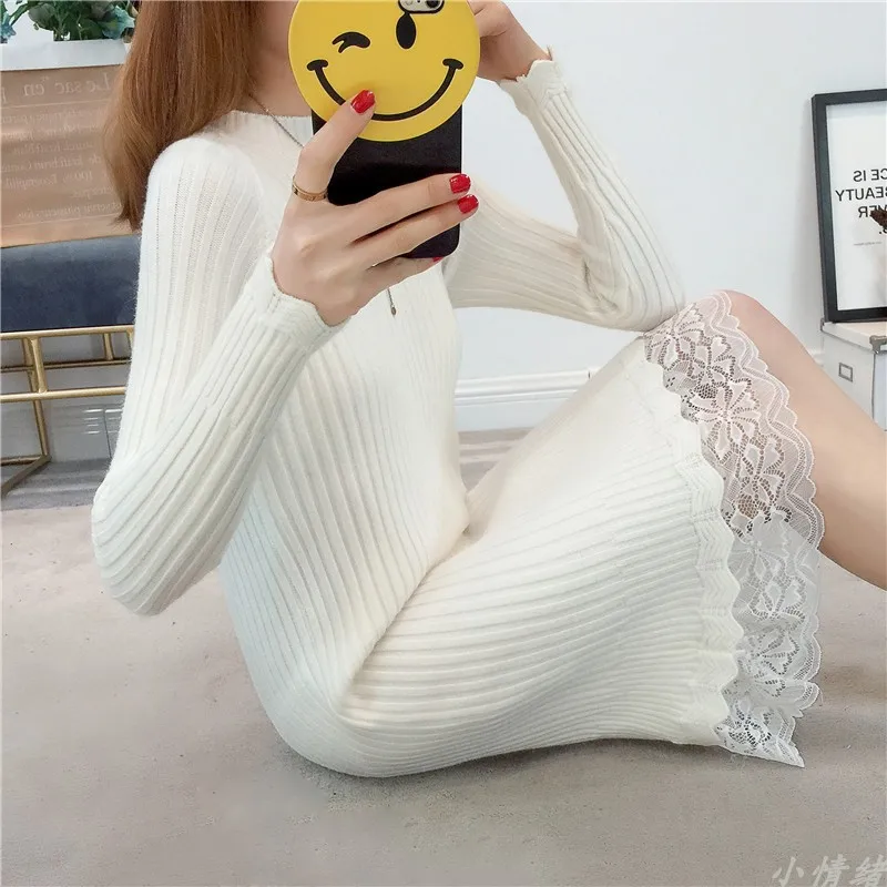 Женское прямое трикотажное платье свитер с кружевом в рубчик|Женские платья| |