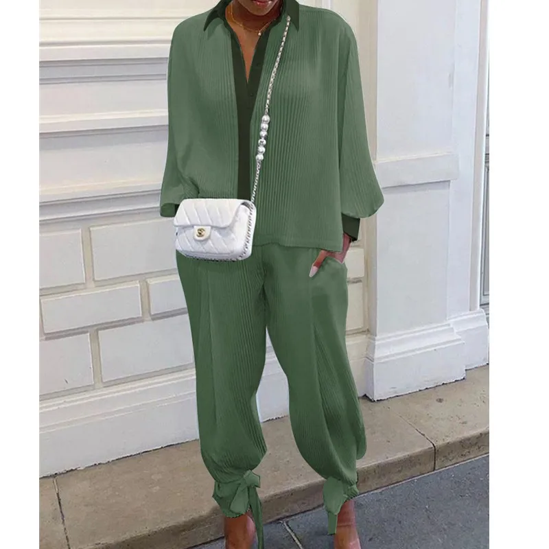 

2021 Модный женский костюм винтовой Свободный Топ стоячий воротник рубашка с длинным рукавом карманы брюки со шнуровкой по краю