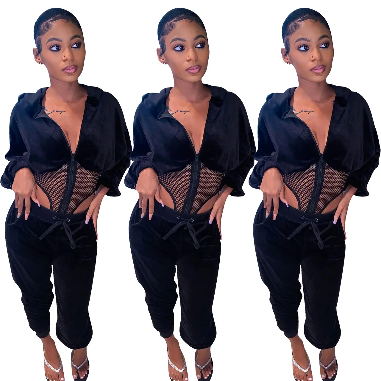 

Европейский и американский новый модный золотистый бархатный комбинированный сетчатый темпераментный комплект из двух предметов женская ...