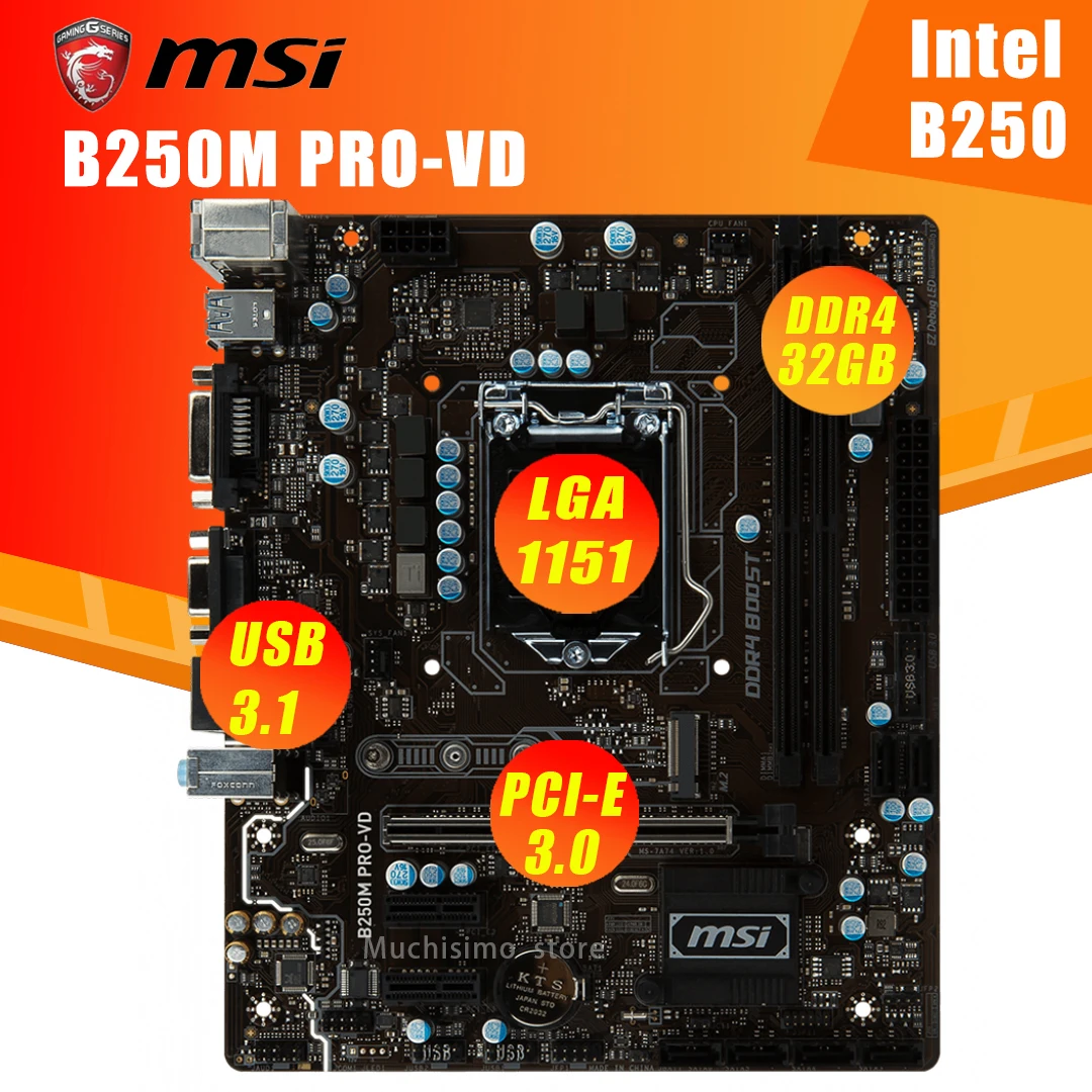 Для MSI B250M PRO VD материнская плата LGA 1151 DDR4 для Intel B250 настольных SATA3 USB3.0 PCI E X16 3 0
