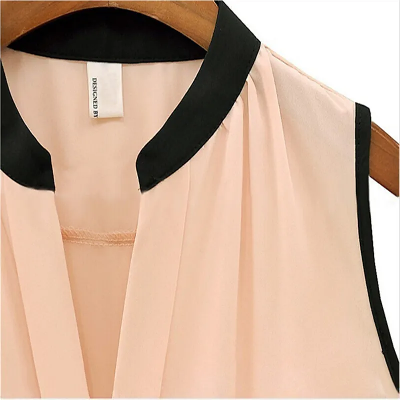 

Summer V Neck Chiffon Blouses Women Sleeveless Slim Fitted Shirts 2021 Casual Office Lady White Pink Blouse Tops Tees