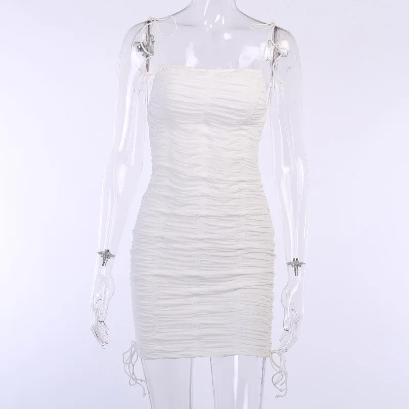 

Satin Women Strap Dress 2021 Ruched Lace Up Cross Bandage Backless Bodycon Sexy Party Elegant Club Slim Robe Female