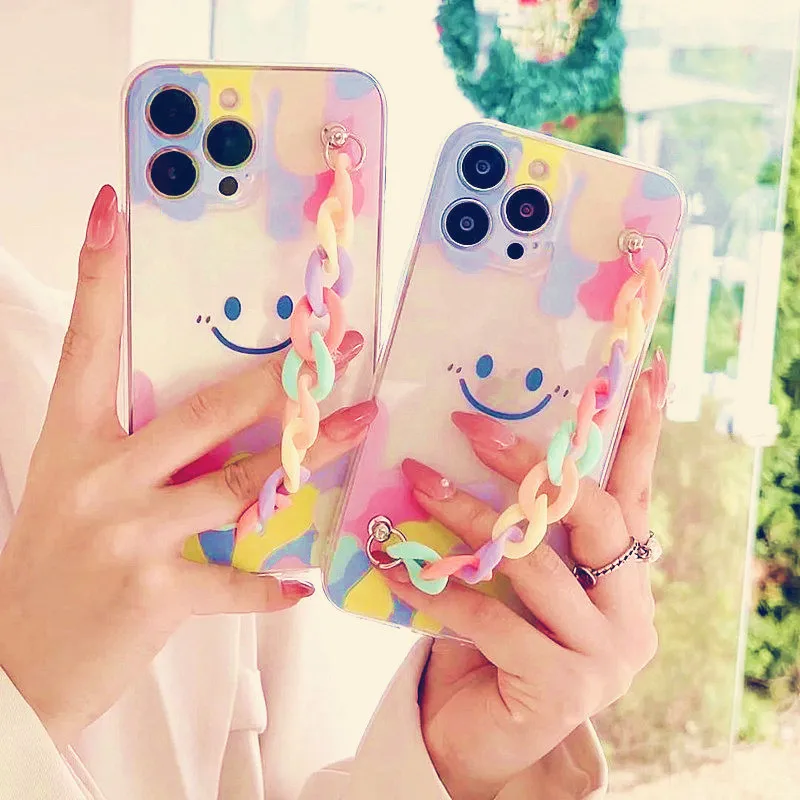 Мягкий Квадратный чехол Smiley с радужной цепочкой и веревкой для Samsung Galaxy M02 M10 A10 A20