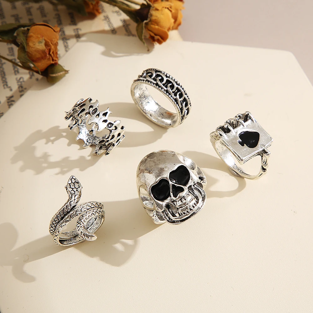 Винтажный серебряный набор колец в стиле хип-хоп с скелетом цепочка готика и панк