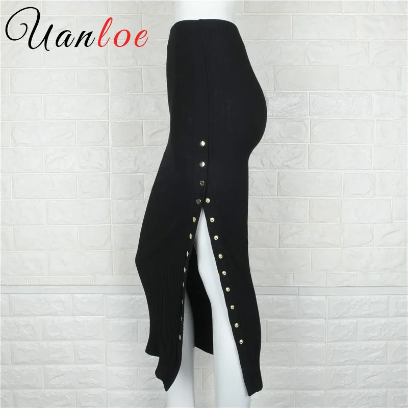 

Studs High Slit Sexy Pencil Skirt Female Women Black Elegant Empire Slim OL Midi Skirts Womens 2018 Autumn Long Skirt Split