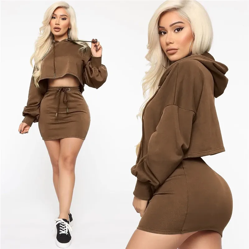 

Spring Autumn Tracksuit Women 2 Two Piece Set Solid Long Sleeve Hooded Sweatshirt Crop Top And Mini Skirt Suits Casual Outfits