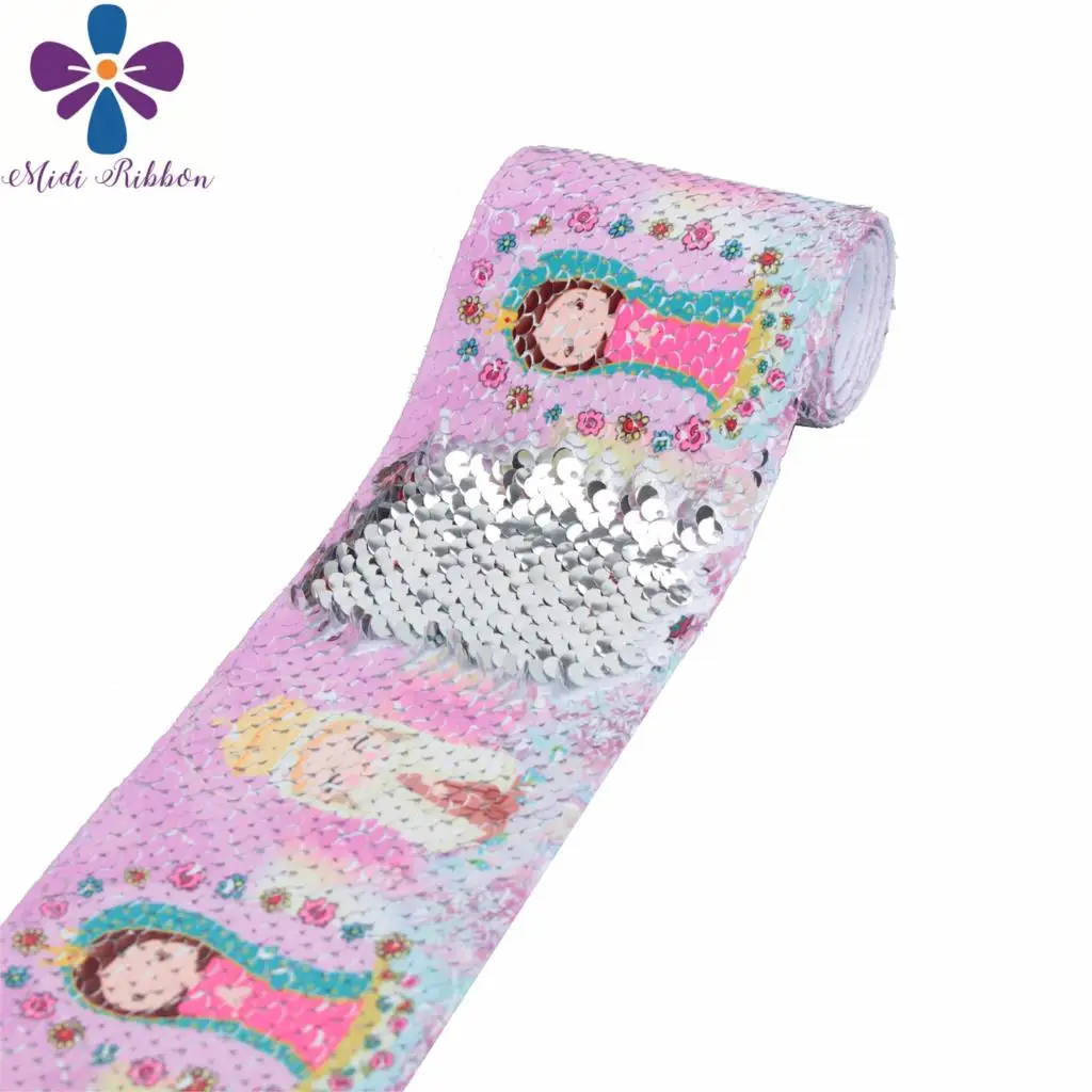 

3"75mm Mexico Girl Series Colorful Flower Double Reversible Silver Sequin Ribbon DIY Gift Bowknot Celebration Party 46yards/roll