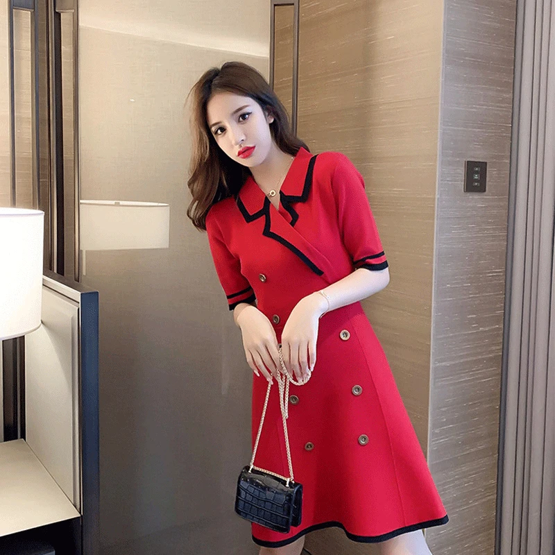 

Woman Knitting Dress 2021 Spring Summer Short Sleeve Notched Collar Fashion Korean Style A-line Dresses Knee Length