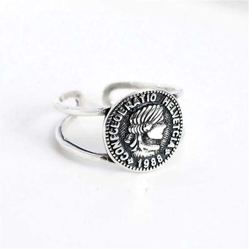 

POFUNUO 925 Stering Silver Vintage Make Old Coin Head Portrait Chic Rings Women Fashion Wedding Jewelry Distressed Open Rings