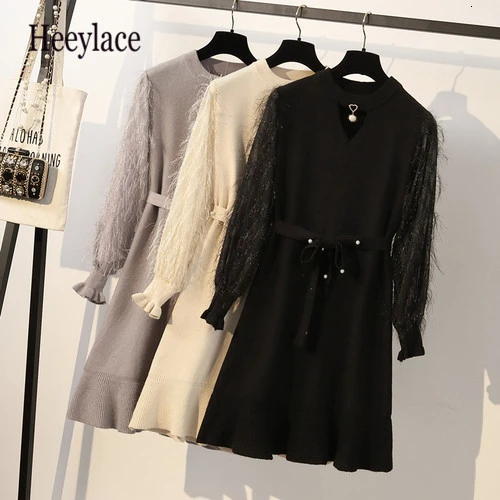 Женское вязаное облегающее платье размера плюс 4XL лоскутное с кисточками длинным