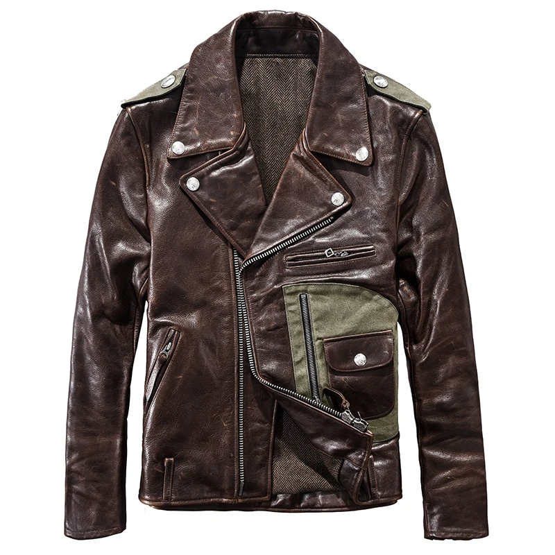 Мужская винтажная кожаная куртка с заклепками и диагональной застежкой молнией