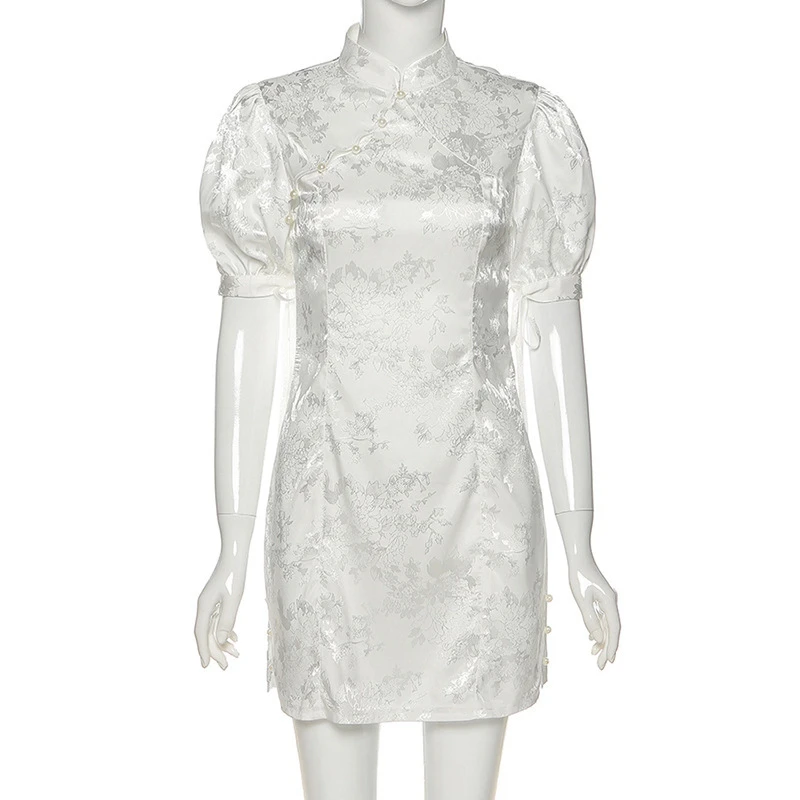 Элегантное китайское платье Ципао женское белое черное ретро с вышивкой высокое