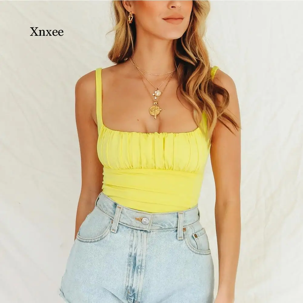 

Сексуальные однотонные короткие футболки с рюшами, летние топы-трубы на бретелях-спагетти, повседневные женские праздвечерние чные топы без рукавов с открытой спиной, одежда