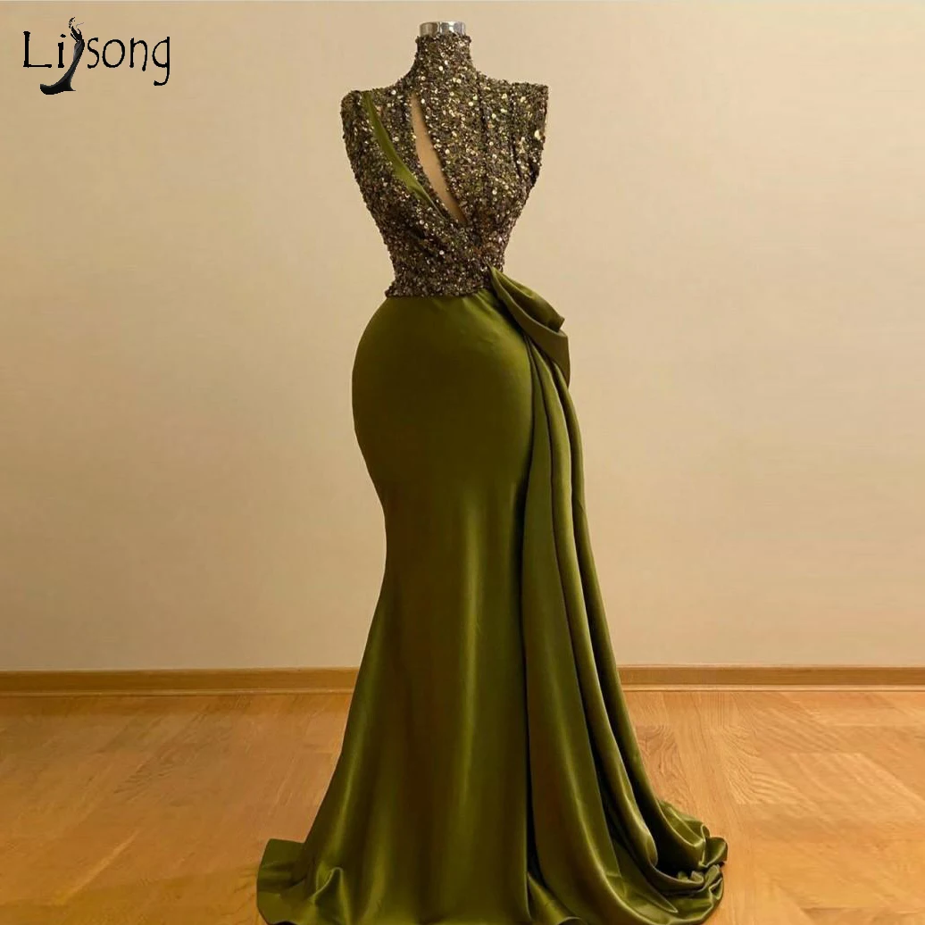 

Modest Olive Green Mermaid Evening Dresses 2020 High Collar Sequin Beaded Long Evening Gowns Real Image Formal Party Dress
