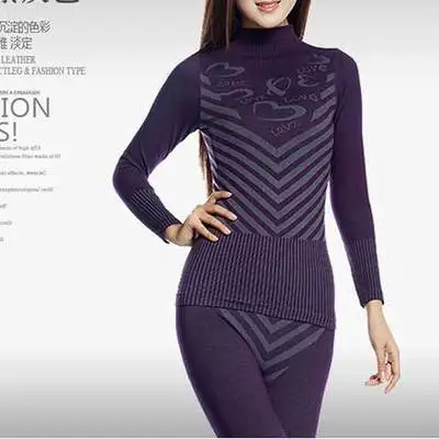 Purple love Новинка, Модный женский комплект термобелья в полоску с принтом, зимний хлопковый комплект с высоким воротом, подштанники, Женская термо одежда, пижамы - Цвет: Purple love