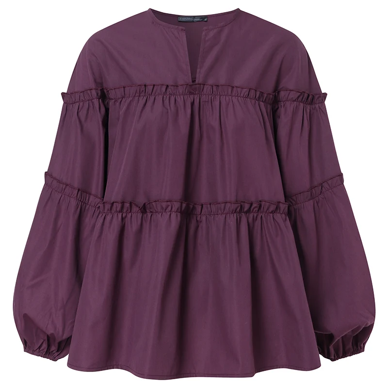 

ZANZEA 2021 Spring Ruffles Tops Fashion Blouse Women Long Puff Sleeve Solid Shirt Femininas Party Work Blusas Chemise Plus Size