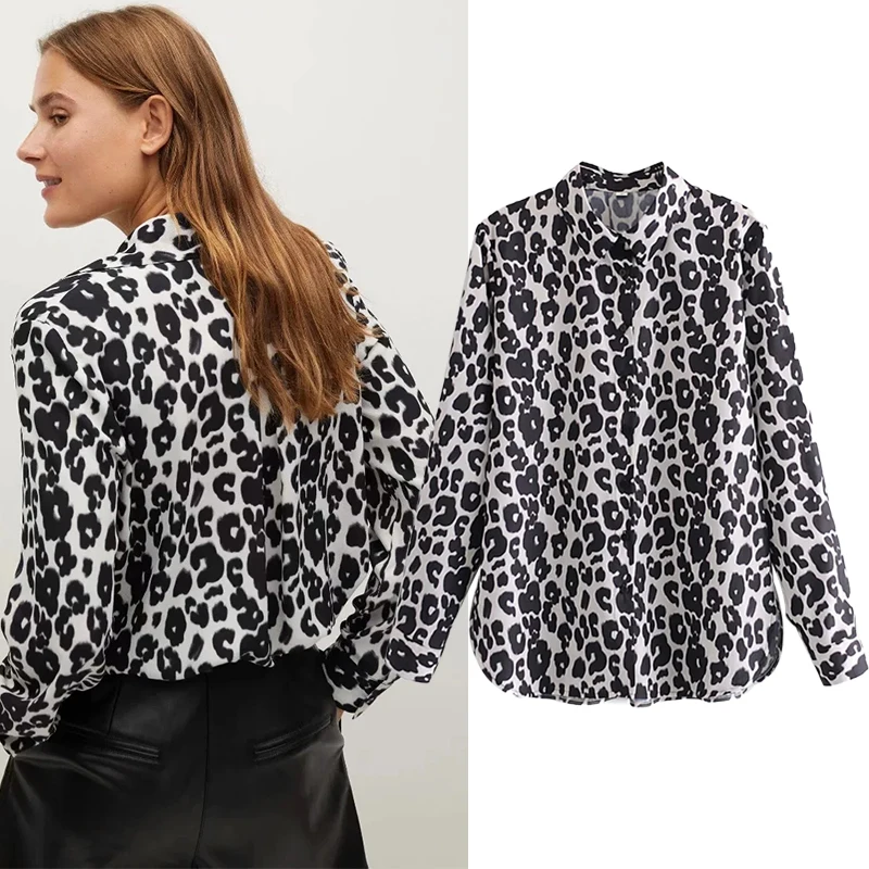 

WESAY JESI Animal Print Vintage Shirt Women Long Sleeve Lapel Collar Office Lady Shirts Female Chic Button Loose Leopard Top