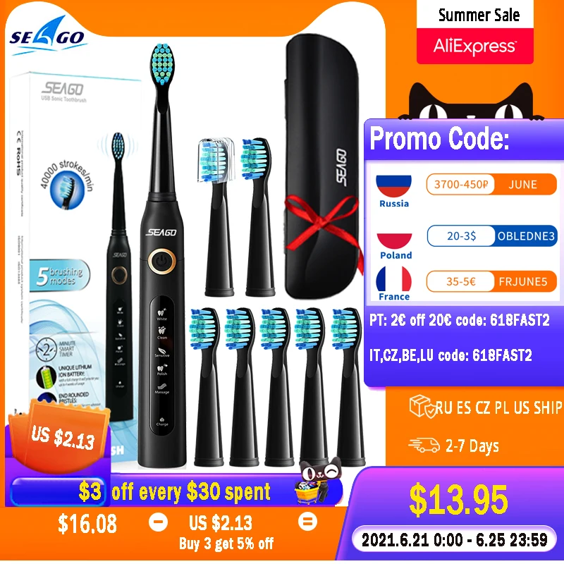 Seago Sonic Electric Toothbrush SG-507 Adult Timer Brush 5 Mode USB Charger Rechargeable Tooth Brushes Replacement Heads Set