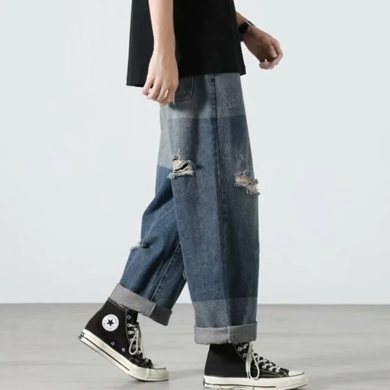 DIMI Ripped Wide-leg Jeans Men's Fashion Retro Baggy Harajuku Jeans Men Streetwear Loose Hip-hop Hole Straight Denim Trousers