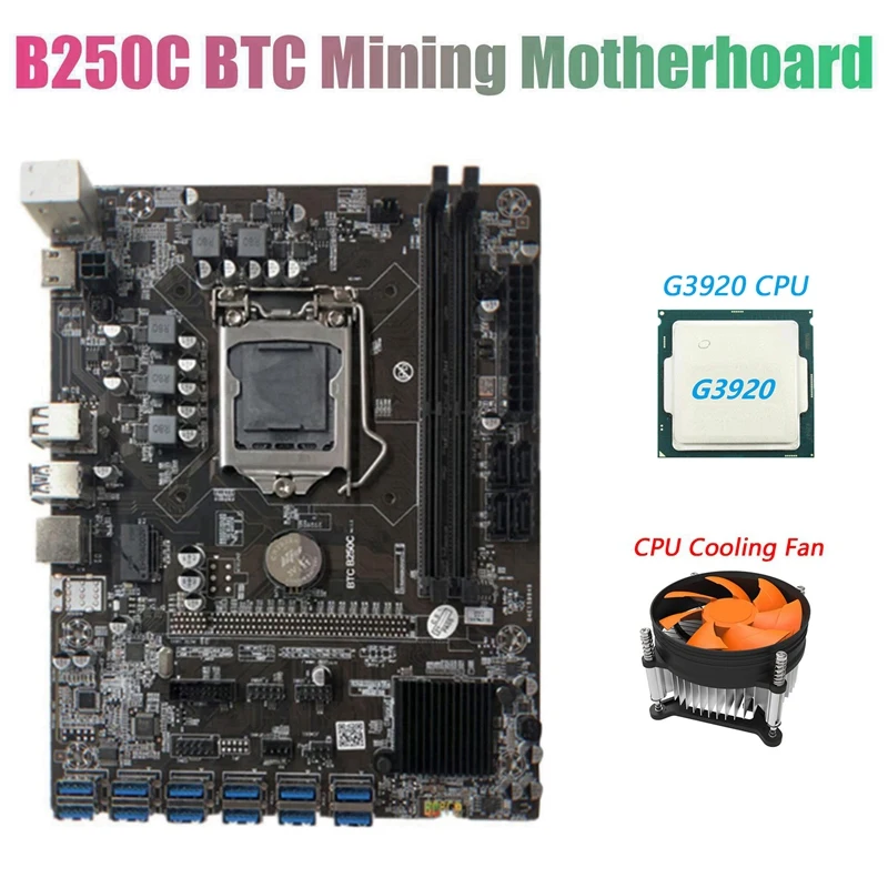 

B250C BTC Mining Motherboard with G3920 or G3930 CPU CPU+ Cooling Fan 12XPCIE to USB3.0 Graphics Card Slot LGA1151 Supports DDR4
