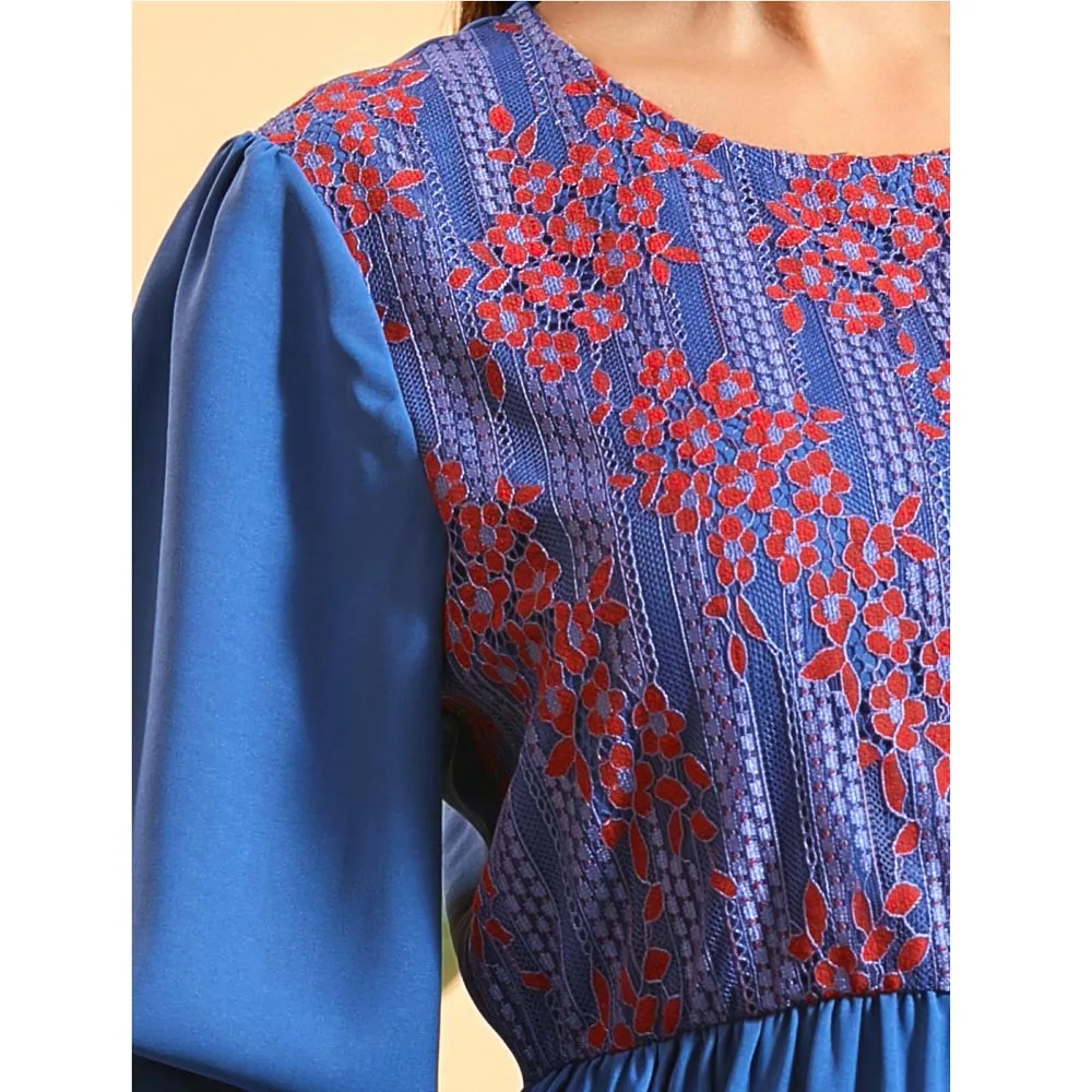 

Muslim Women Lace Patchwork Long Dress Floral Long Sleeve Abaya Arab Jilbab O-neck Casual Plus Size Turkish Dubai Robe Gown New