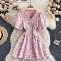 new 2021 summer vintage puff sleeve jacquard party dresses women sexy v neck hollow out exposed waist mini dress girl vestidos