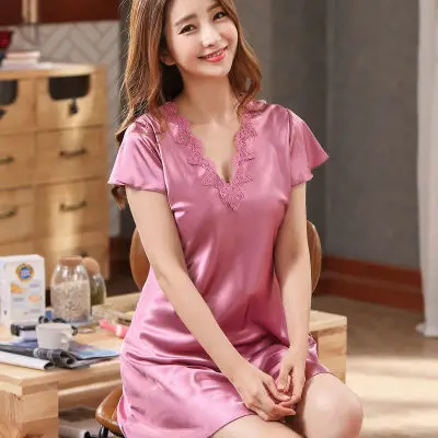 

Sexy Sleepwear Women Short Sleeve Ice Silk Dress Women Plus Size Satin for Teen Girls Kawaii Set Women Sleep Tops