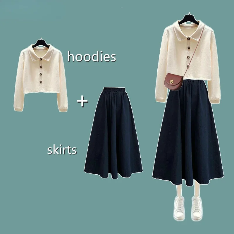 

Women Sets Solid Turn-down Collar Long Sleeve Top and Mid-calf Length Skirt Oversize 5XL Korean Style Elegant Simple Casual Chic