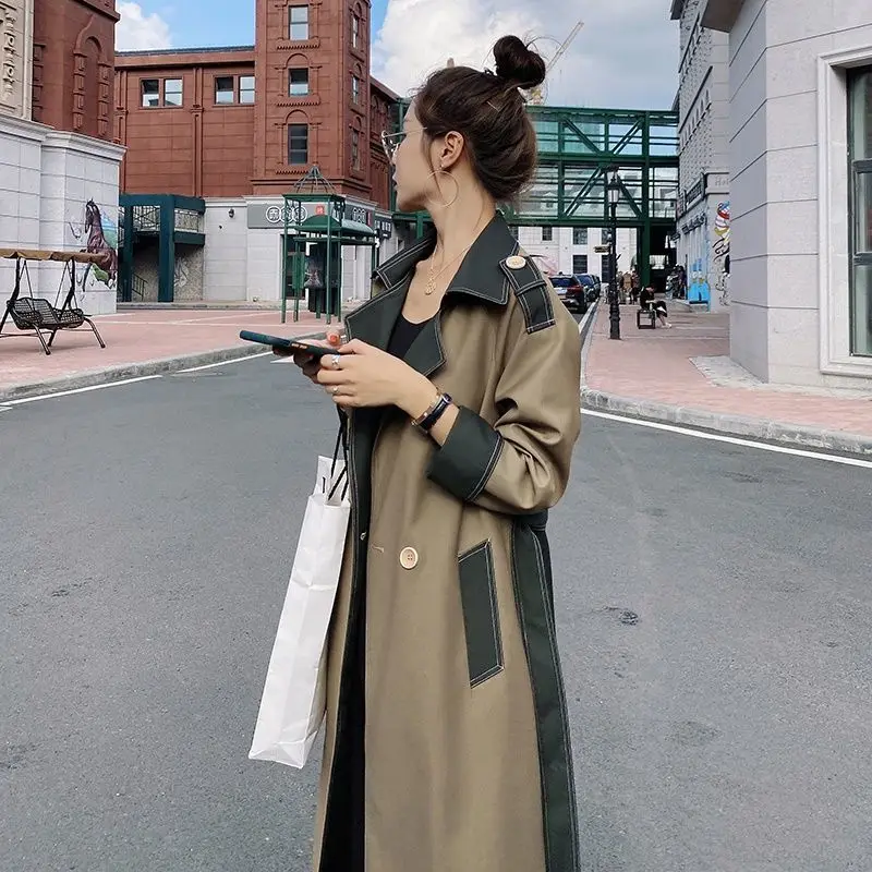 

Patchwork Trench Coat Double Breasted Long Windbreaker with Flaps Belt Outerwear