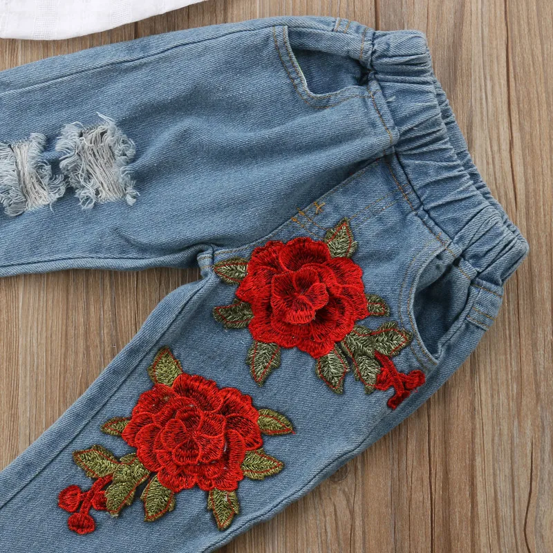 Pudcoco/Новинка модные детские кружевные топы для девочек джинсы с цветочным