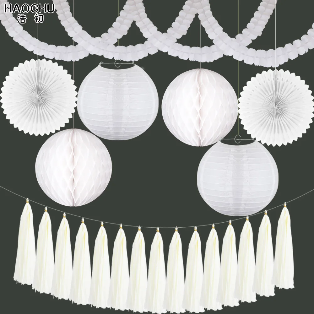 White 1Set 23pcs Mixed DIY Tissue Paper Tassel/Garland/Lantern/Fans/Honeycomb Balls Party Decorations Wedding Kids Unicorn Birthday - Цвет: White