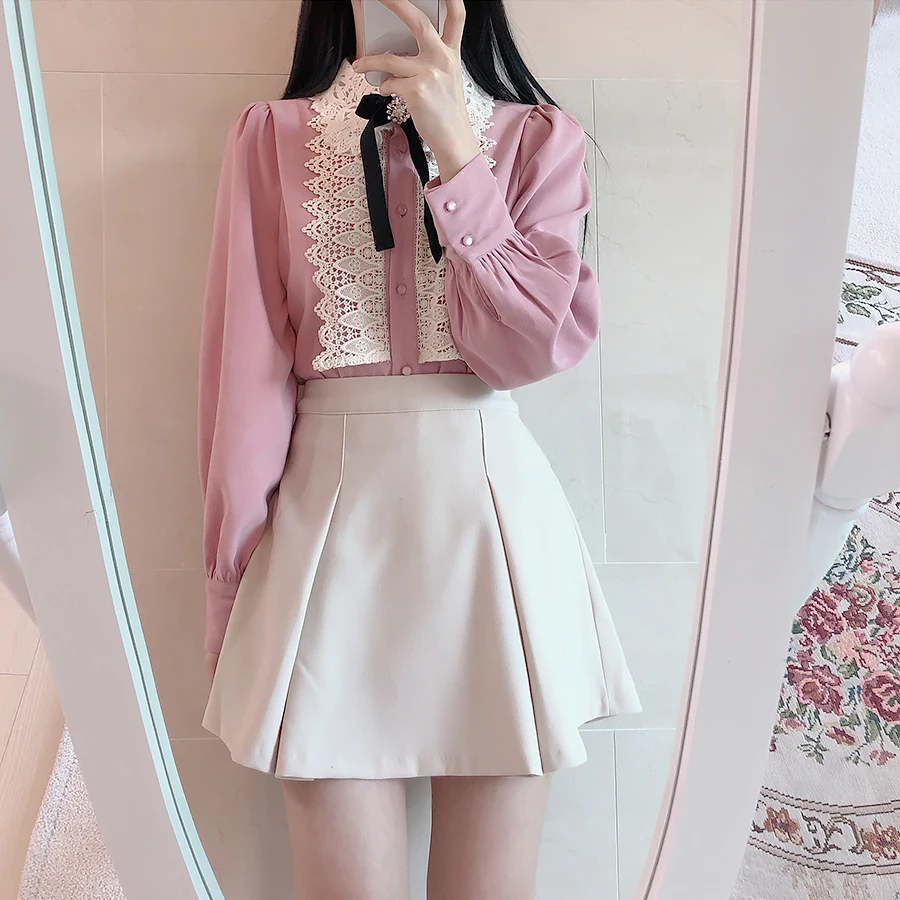 

Autumn Spring New Office lady Chiffon Tops Turn down collar Bow Lace shirt Patchwork Long sleeve Women blouse Blusa