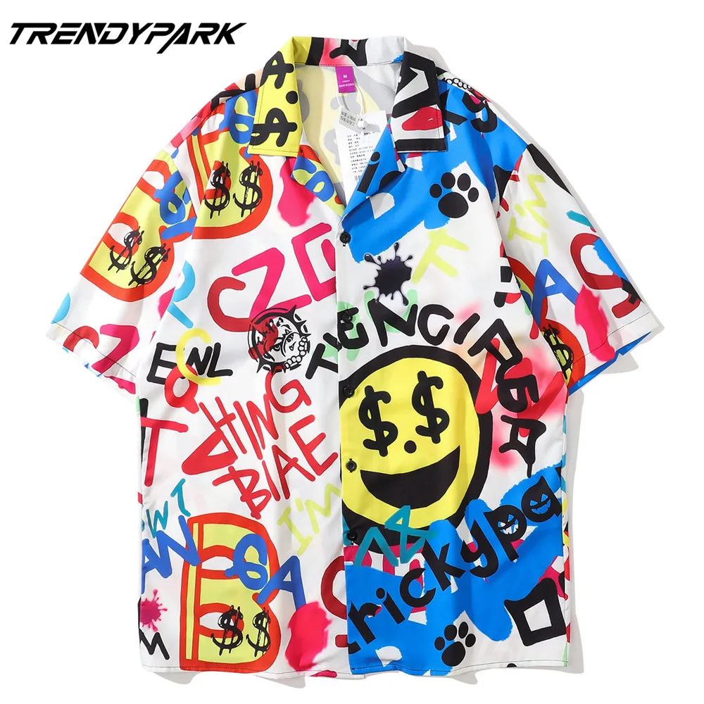 

Men's Shirt Summer Short Sleeve Printed Blouse Hip Hop Oversized Casual Harajuku Streetwear Single-breasted Collar Tops Shirts