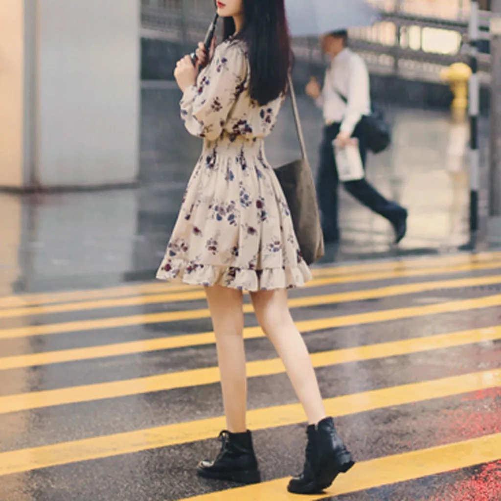 Женское винтажное платье с бантом свободное в горошек длинным рукавом поясом на