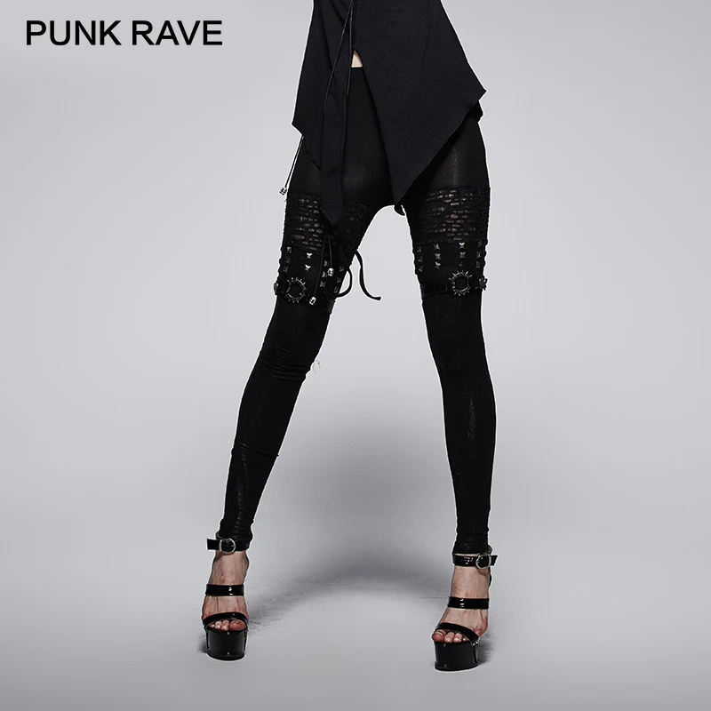

PUNK RAVE Rivets Lace Leggings False Boots Design Steampunk Rock Gothic Women Pants Black Harajuku Trousers Fitness Clothing