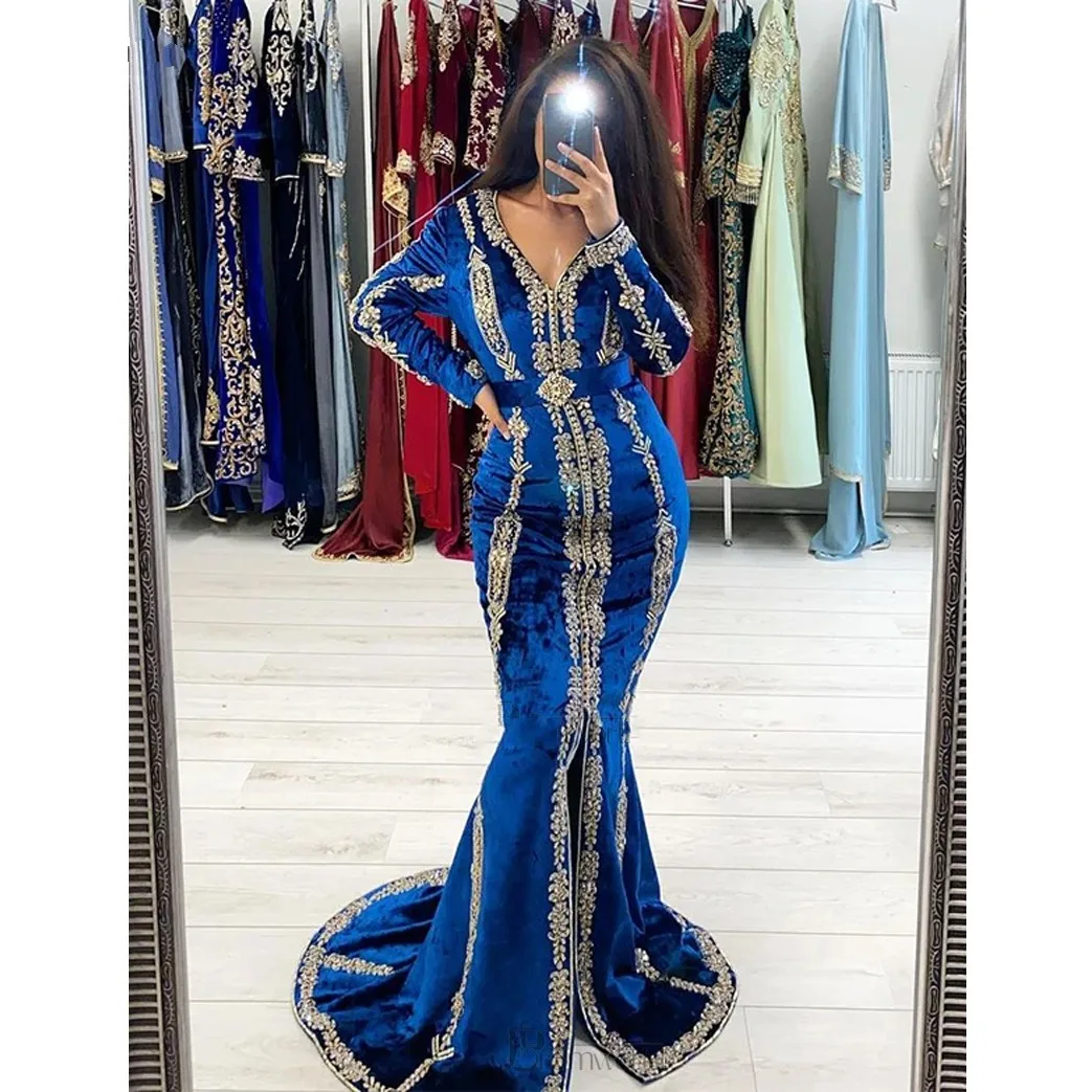 

Марокканское вечернее платье Caftan, Золотое кружевное платье с длинным рукавом, ярко-синее бархатное платье с юбкой-годе, EV205
