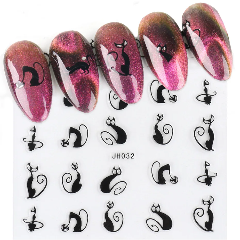 3D наклейки для ногтей черные серебряные кошки прекрасные слайдеры фольга
