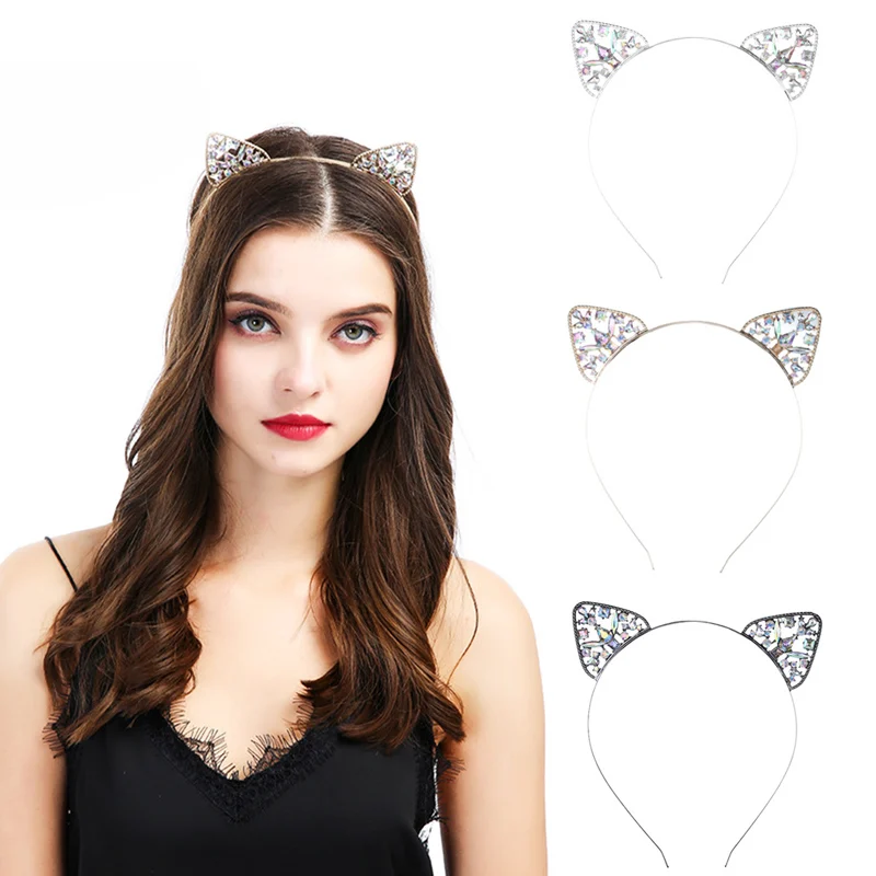 2019 Rhinestone Cat Ears Headbands For Women Girls Cute Metal Crystal Flower Jewel Hairband Hair Hoop Hair Accessories