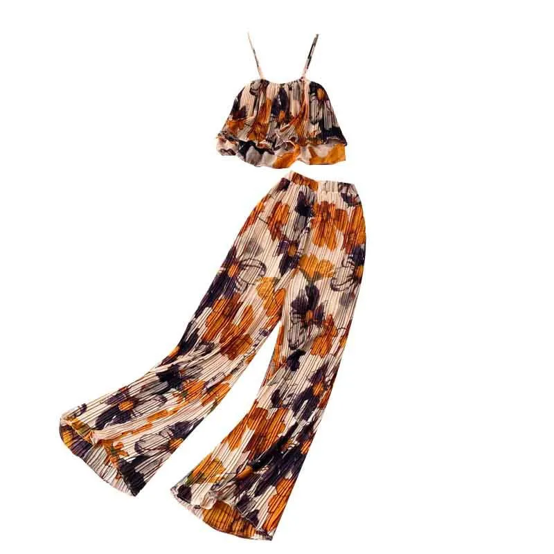 

Floral Women Set Short Sling Top And Wide-leg Pants Suit 2021 Summer Pleated High Waist Loose Pant Two-piece Suits Female LR1422