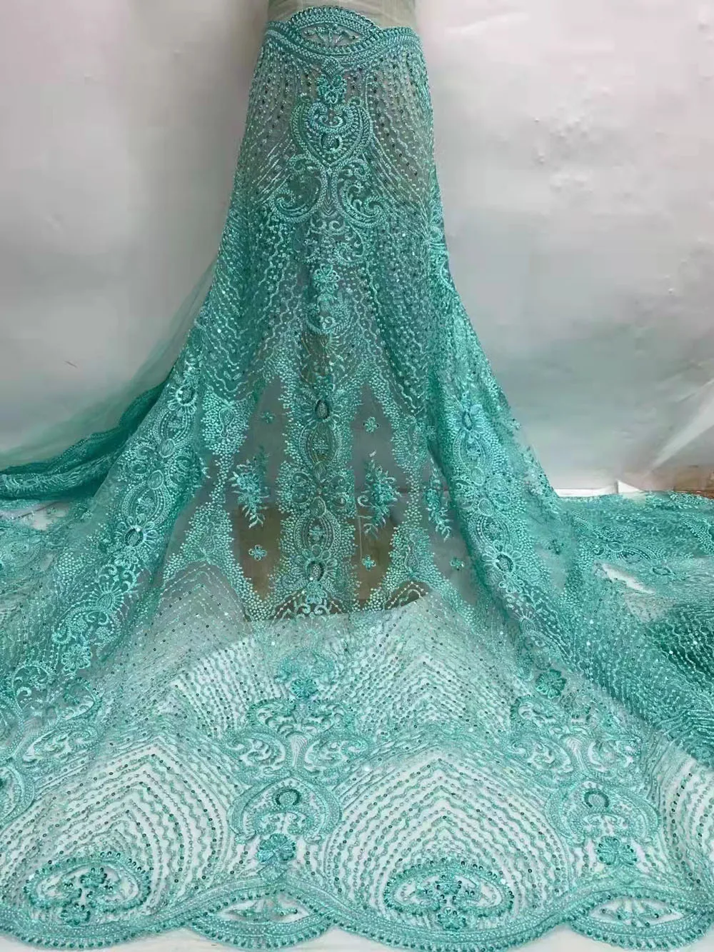 

Beautiful Lace Fabric Sequins Beads Craft Design Sewing Tulle Embroidery Trimming Banquet Prom Party Wedding Dress 5Yards Bpodq