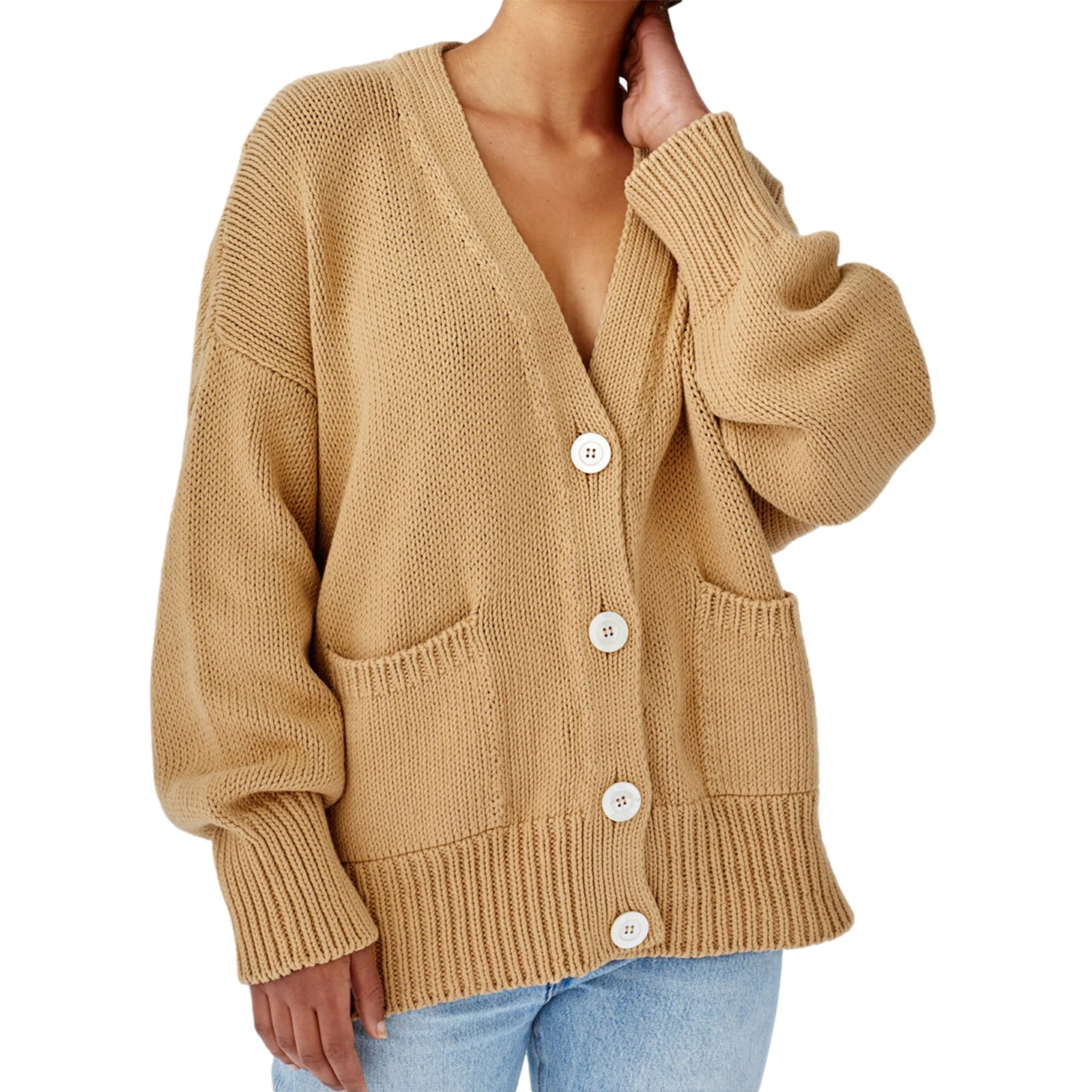 

Ladies Spring Autumn V-neck Knitwear, Girls Leisure Style Solid Color Long Sleeve Knitted Coat Loose Single-breasted Cardigan