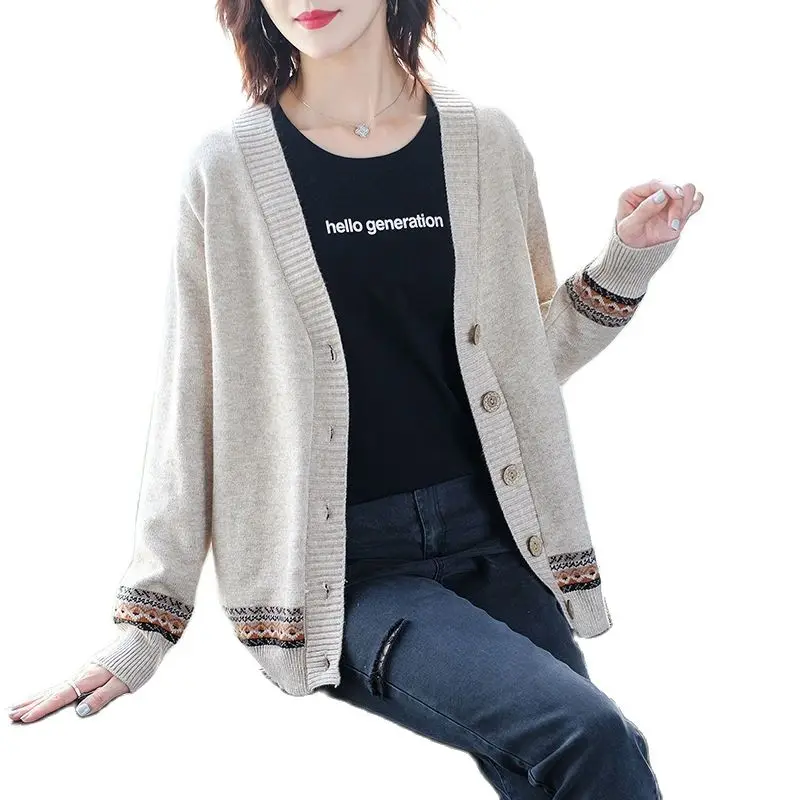 

Autumn and Winter 2021 Knitted Cardigan Women's Large Size Color Matching Long Sleeve National Style Cardigan Coat Sweater Women