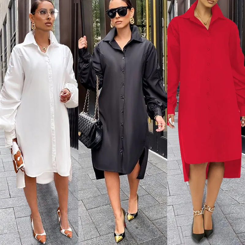 

Women shirt dress 2021 oversized casual turn-down collar button flashlight sleeve blouse solid color dress loose dresses streetw